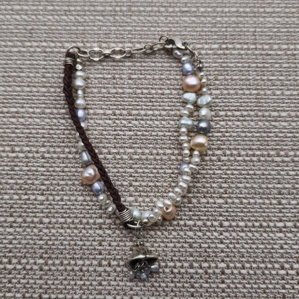 8 Inch Sterling Silver Leather And Genuine Pearls Bracelet B476